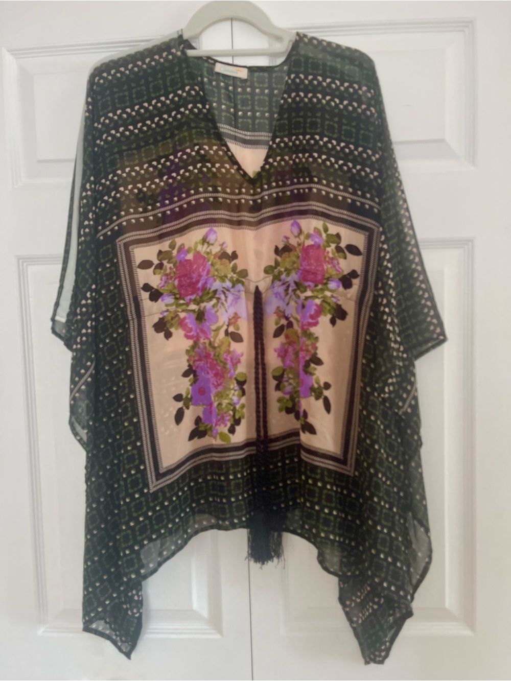 Sheer Floral Scarf Kimono in Forest Green and Beige